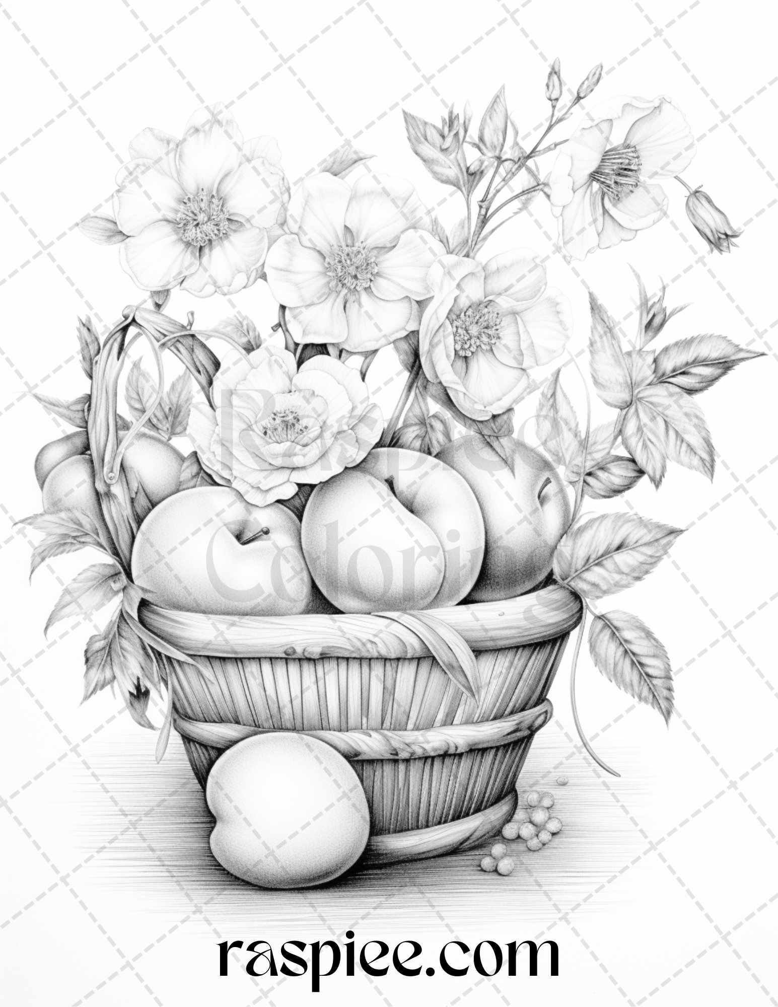 40 Fruit Basket Grayscale Coloring Pages Printable for Adults, PDF File Instant Download