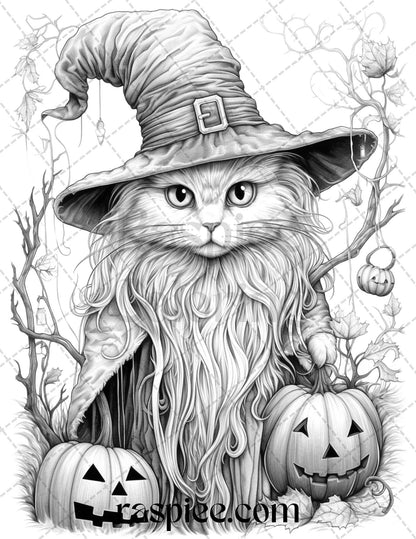 40 Halloween Witch Cat Grayscale Coloring Pages Printable for Adults, PDF File Instant Download