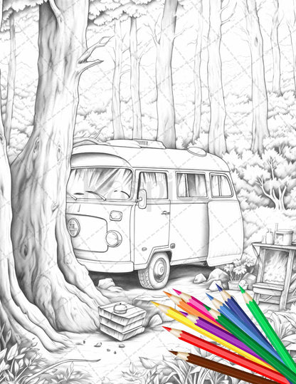 30 Campervan Adventure Grayscale Coloring Pages Printable for Adults, PDF File Instant Download