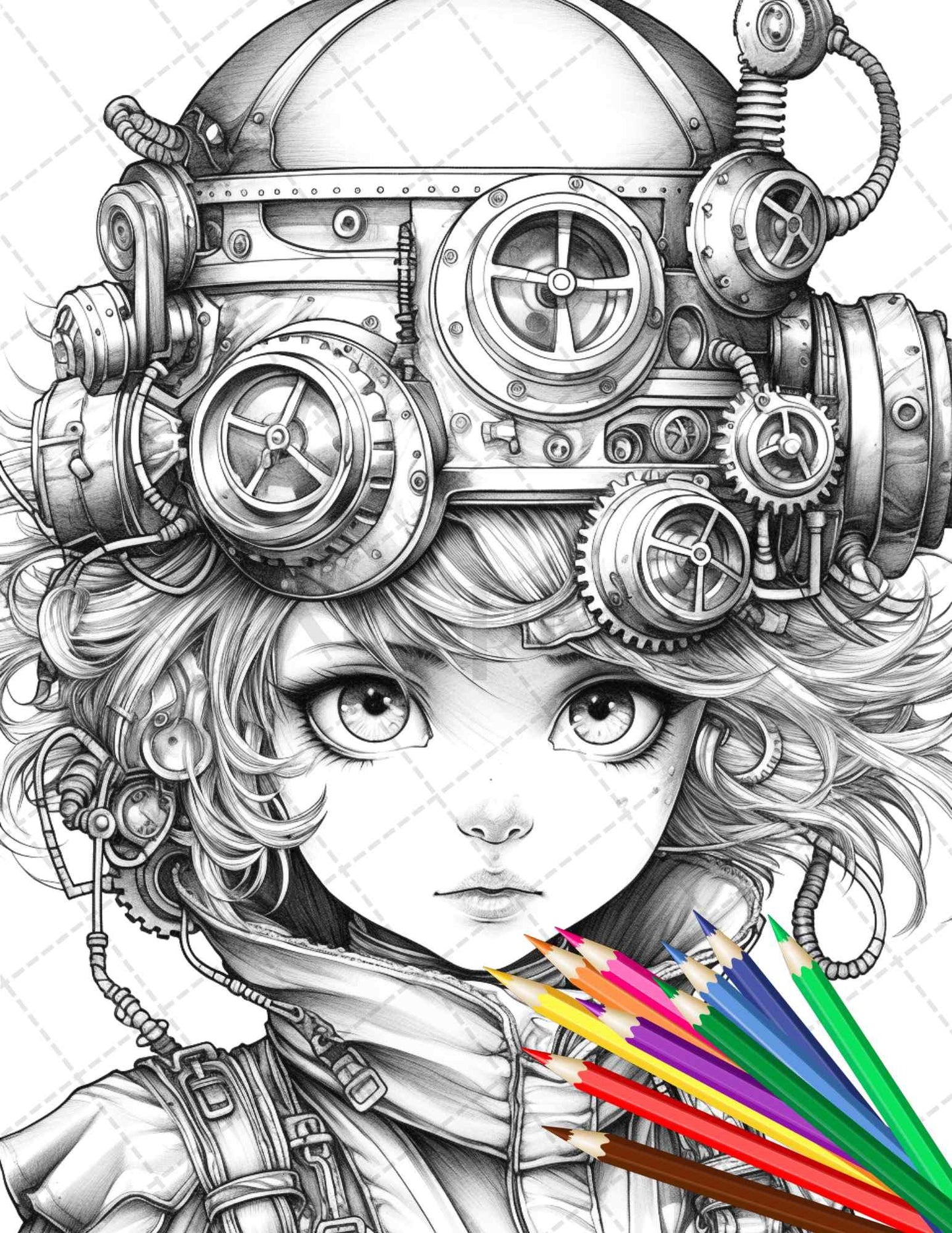 31 Adorable Steampunk Girls Coloring Pages Printable for Adults, Grayscale Coloring Page, PDF File Instant Download