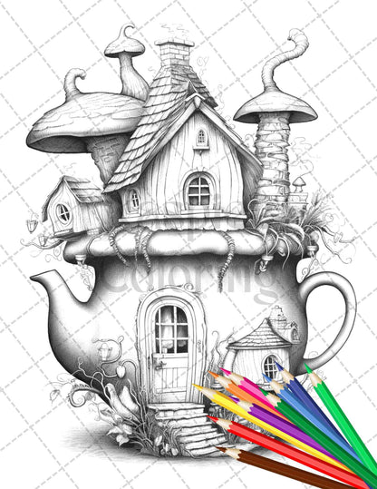 40 Teapot Fairy Houses Grayscale Coloring Pages Printable for Adults, PDF File Instant Download