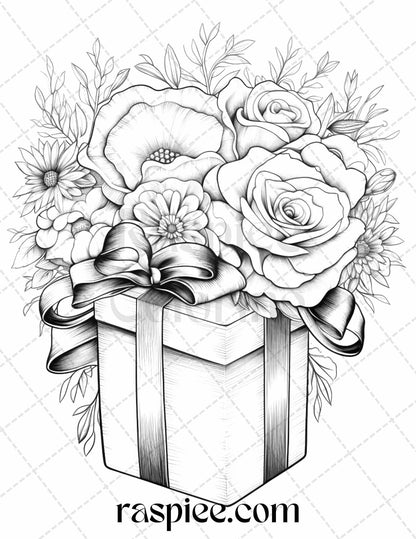 40 Flower Gift Box Grayscale Coloring Pages Printable for Adults Kids, PDF File Instant Download