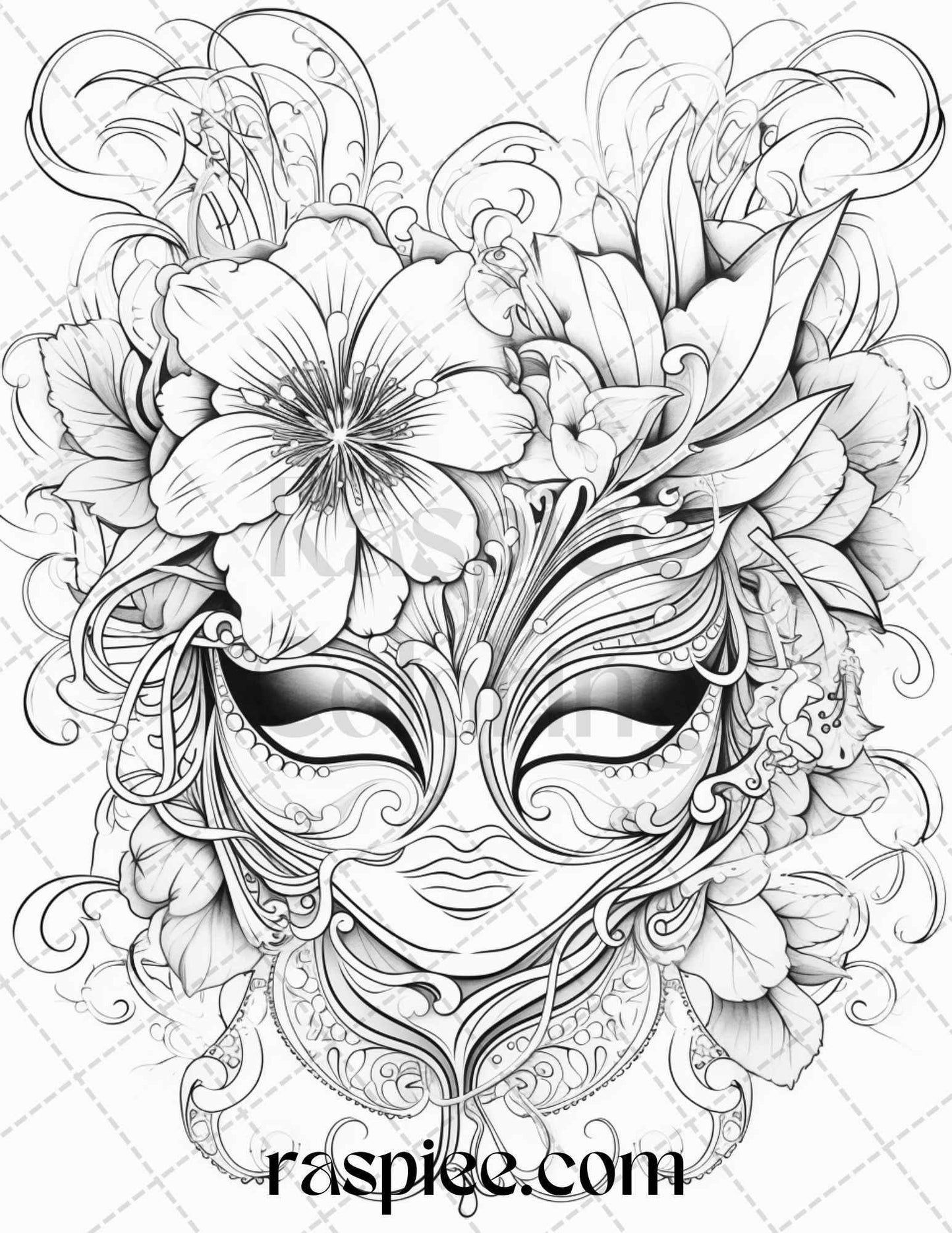 40 Masquerade Masks Grayscale Coloring Pages Printable for Adults, PDF File Instant Download