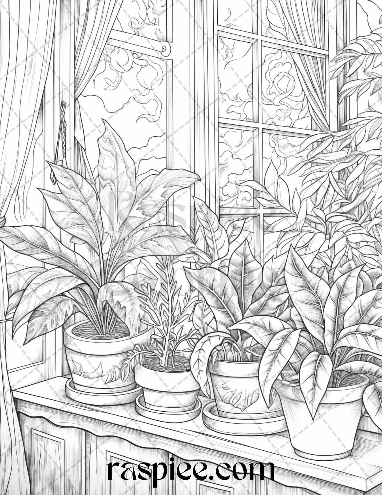 40 Window Plants Grayscale Coloring Pages Printable for Adults, PDF File Instant Download