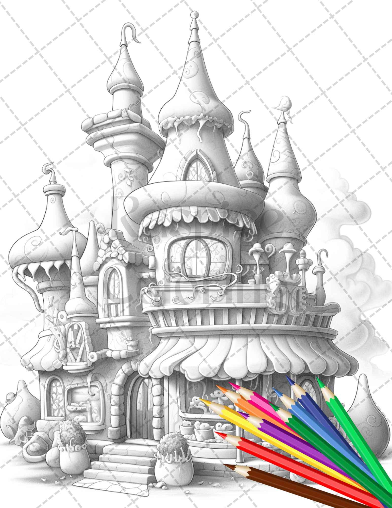 33 Ice Cream Houses Grayscale Coloring Pages Printable for Adults and Kids, PDF File Instant Download