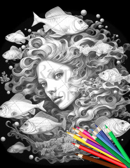 40 Enchanted Mermaid Grayscale Coloring Pages Printable for Adults, PDF File Instant Download