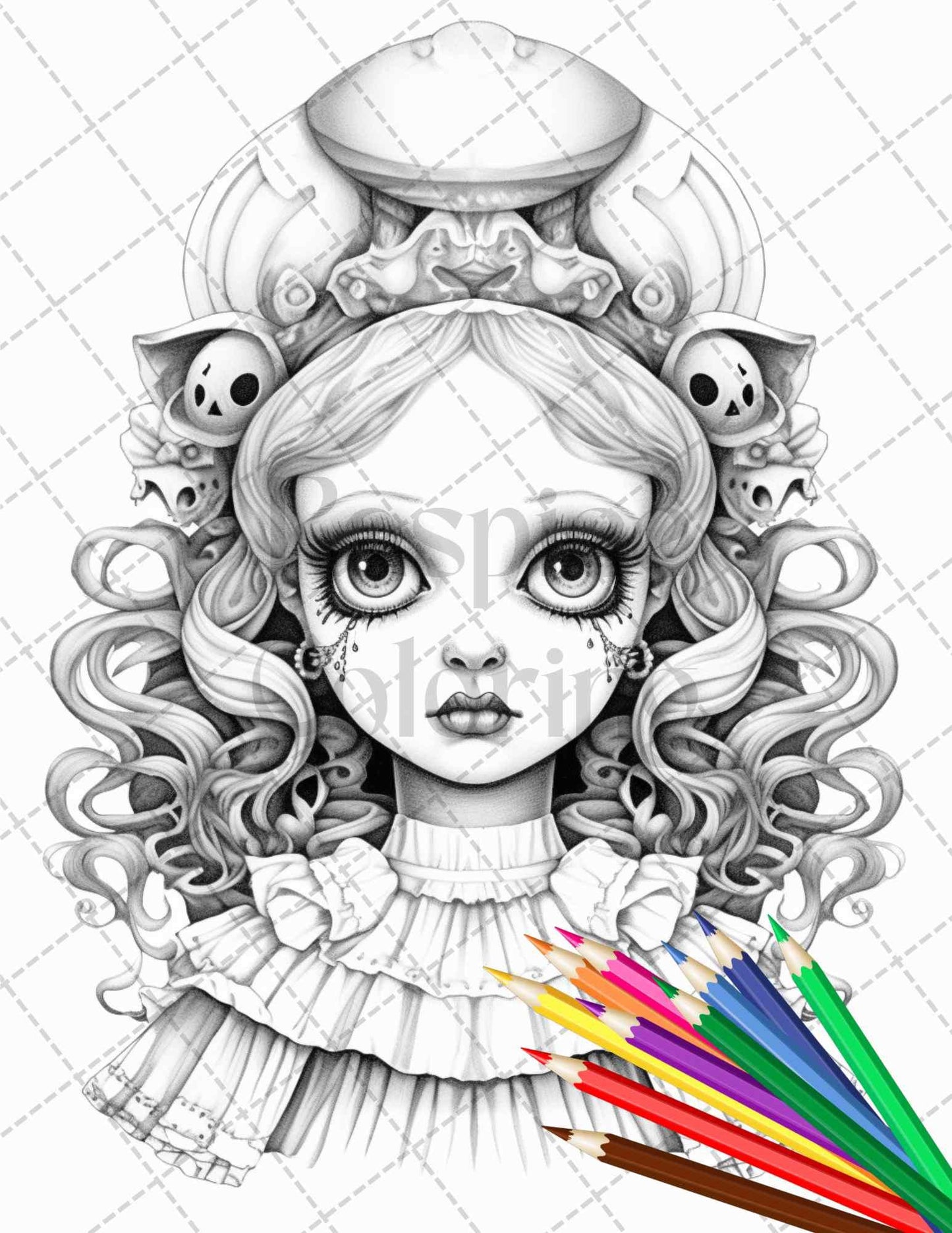 40 Creepy Porcelain Dolls Grayscale Coloring Pages for Adults, PDF File Instant Download