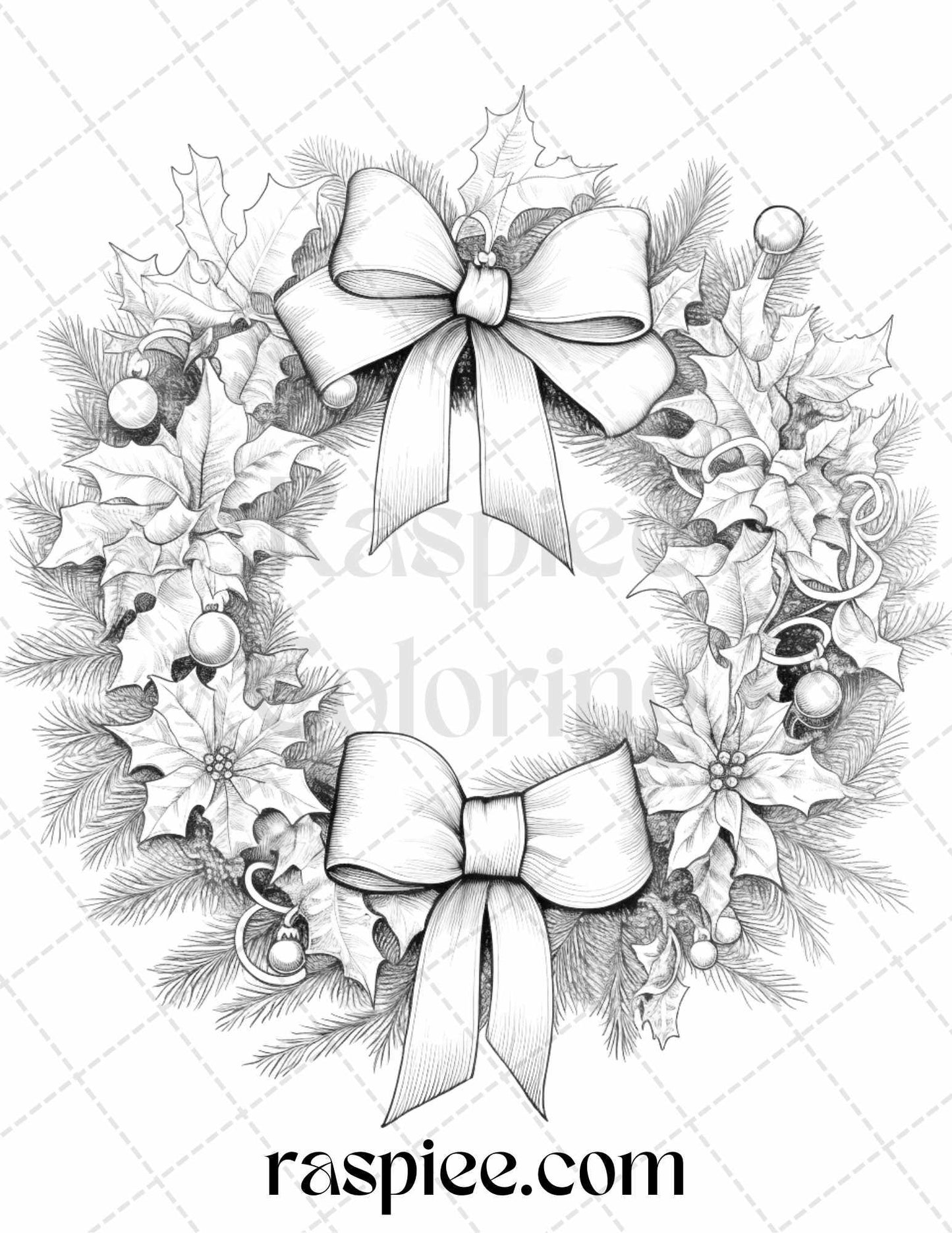 40 Christmas Wreath Grayscale Coloring Pages Printable for Adults, PDF File Instant Download