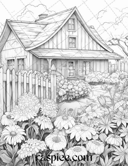 40 Farmstead Serenity Grayscale Coloring Pages Printable for Adults, PDF File Instant Download