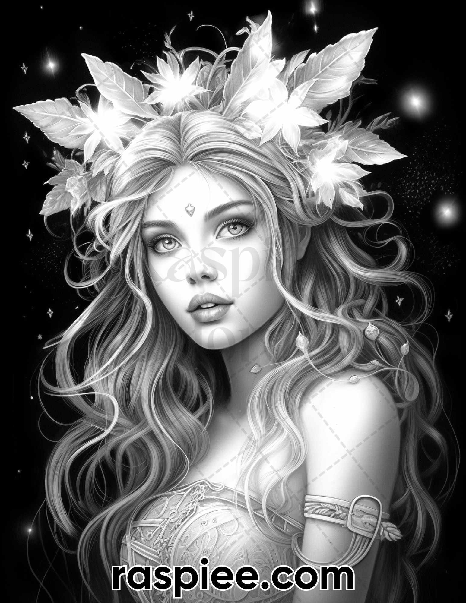 50 Starlight Fairy Grayscale Coloring Pages for Adults, Printable PDF File Instant Download