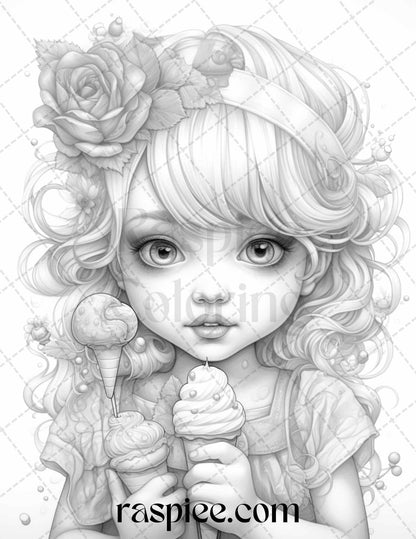 42 Adorable Girls with Ice Cream Grayscale Coloring Pages Printable for Adults Kids, PDF File Instant Download