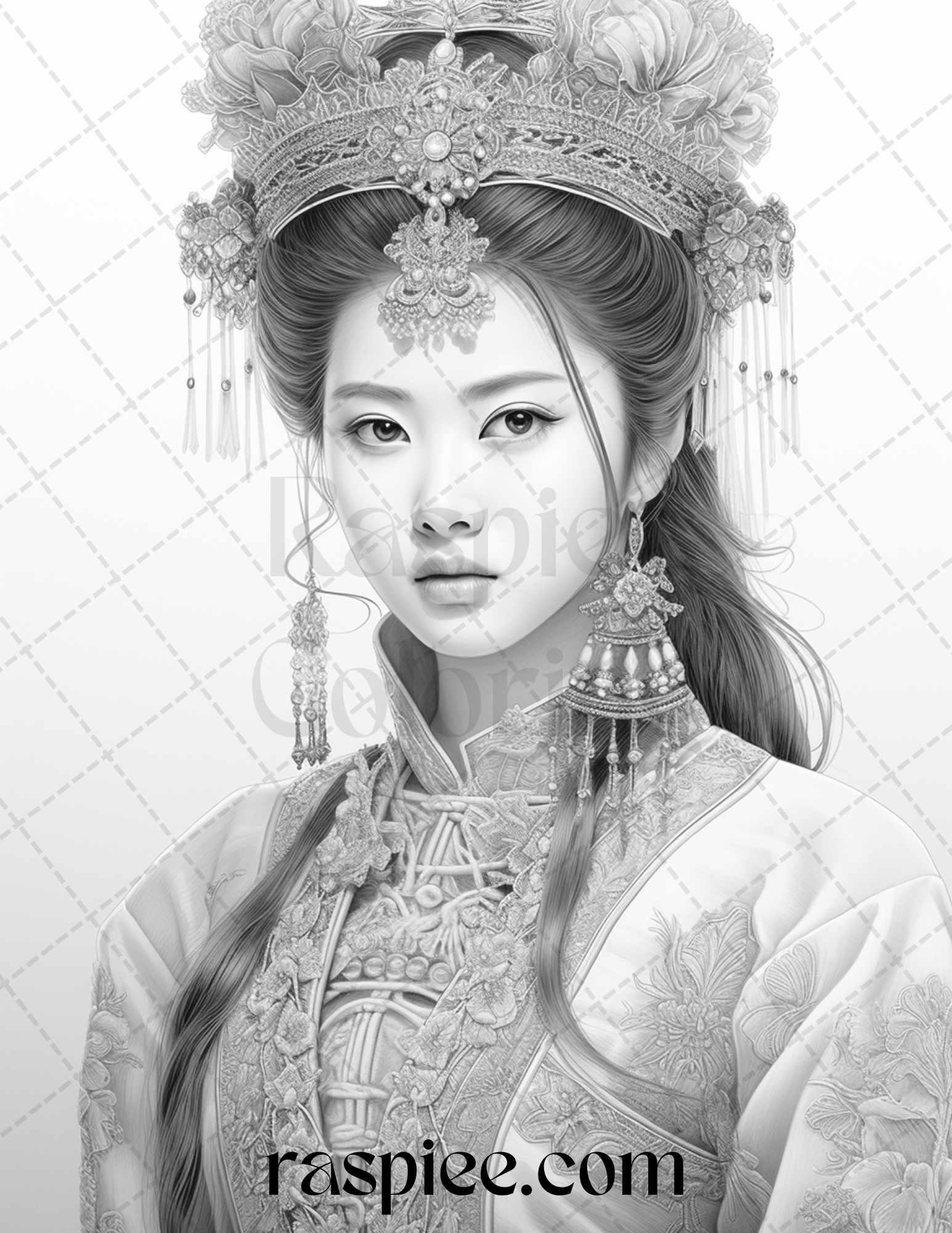 40 Beautiful Chinese Girls Grayscale Coloring Pages for Adults, Printable PDF File Instant Download