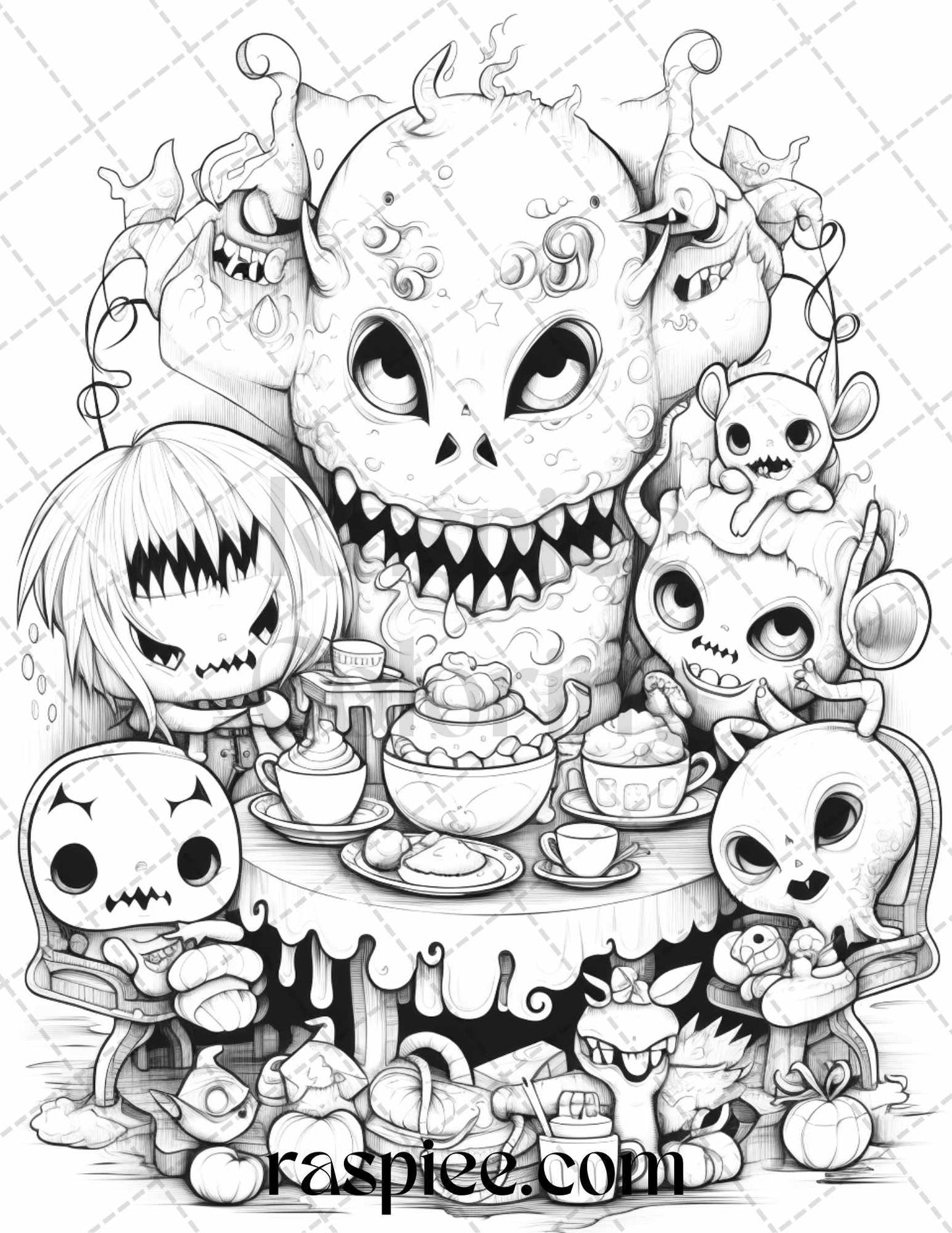 40 Halloween Creepy Kawaii Grayscale Coloring Pages for Adults and Kids, Printable PDF File Instant Download