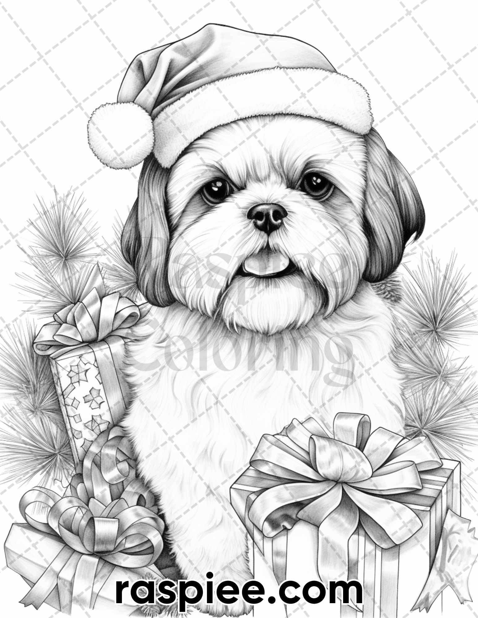 45 Christmas Dogs Grayscale Coloring Pages for Adults, Printable PDF Instant Download