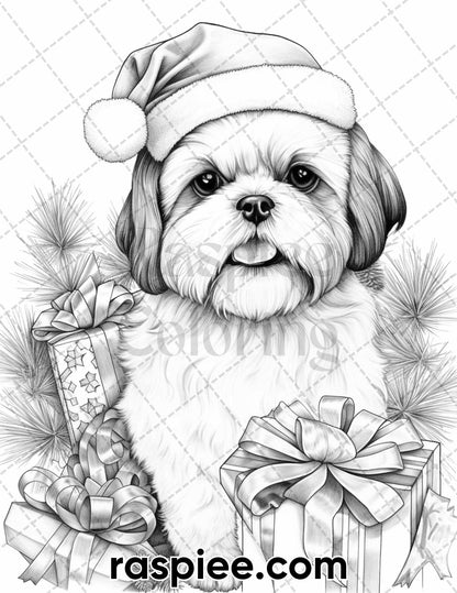 45 Christmas Dogs Grayscale Coloring Pages for Adults, Printable PDF Instant Download