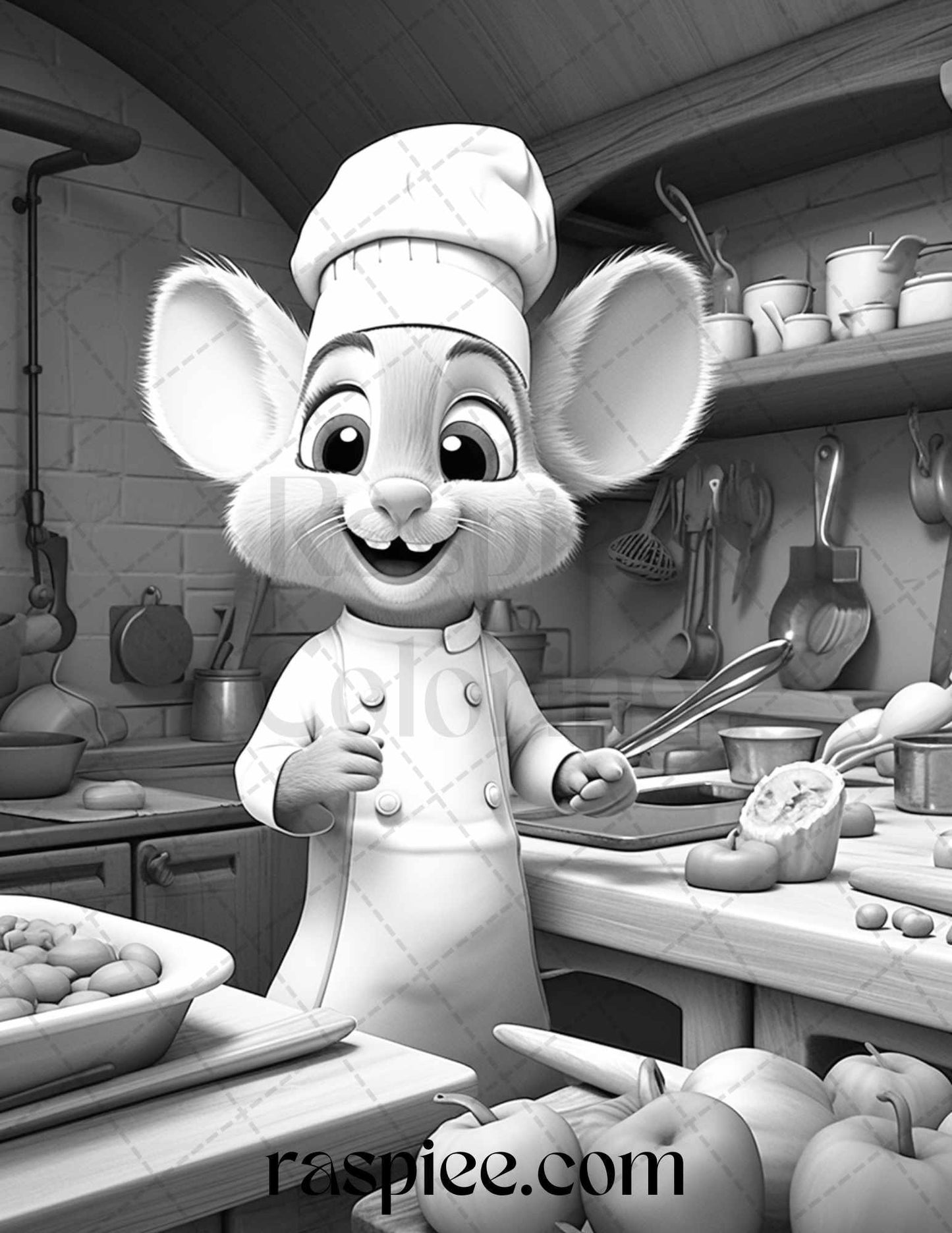 45 Mouse Chef Grayscale Coloring Pages Printable for Adults, PDF File Instant Download