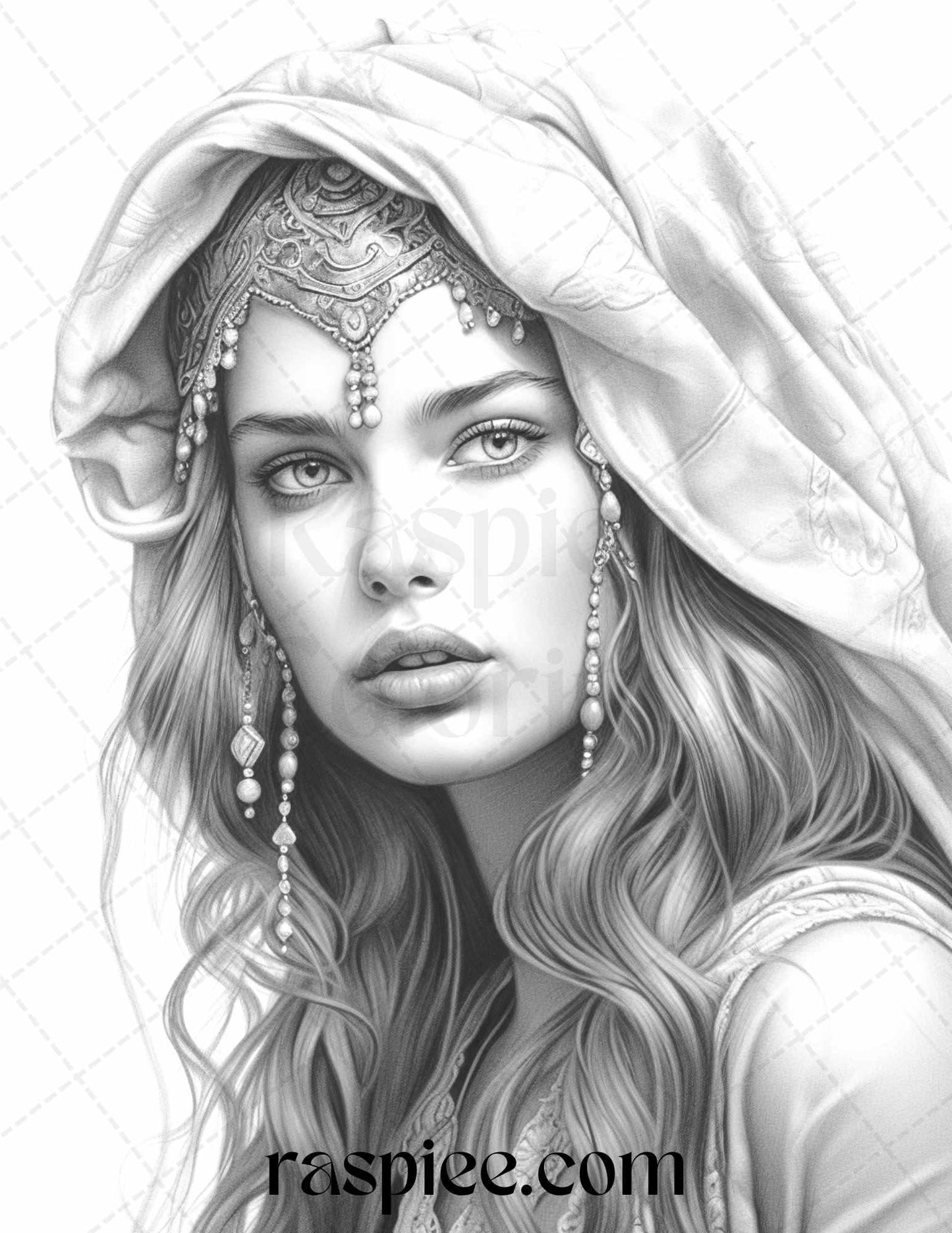 40 Beautiful Gypsy Girls Grayscale Coloring Pages Printable for Adults, PDF File Instant Download