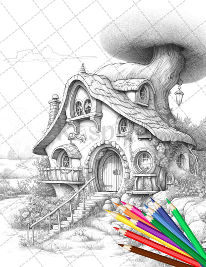 43 Enchanted Hobbiton Houses Grayscale Coloring Pages Printable for Adults, PDF File Instant Download