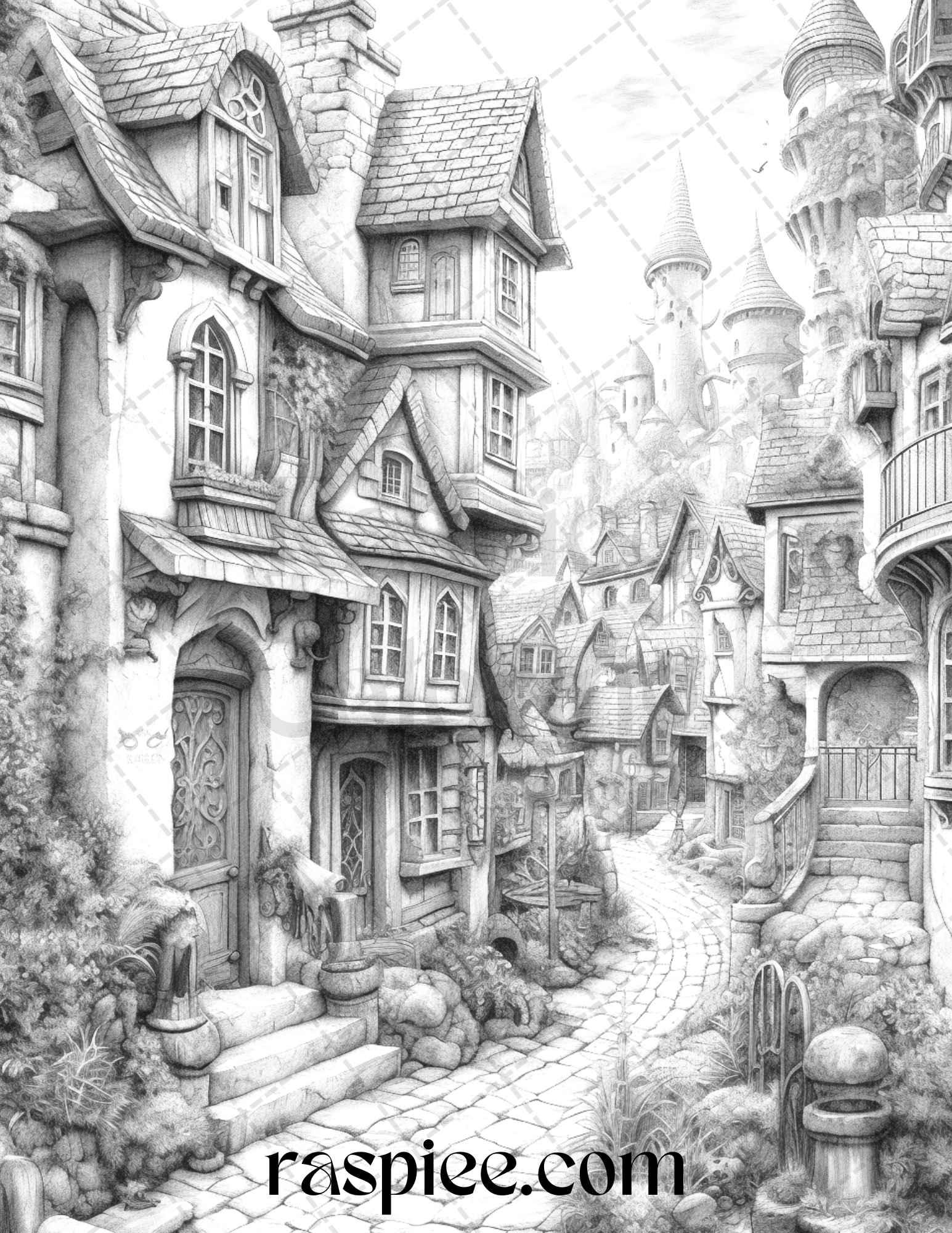 40 Fantasy Village Grayscale Coloring Pages Printable for Adults, PDF File Instant Download