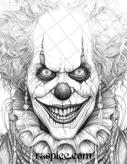 40 Spooky Clowns Grayscale Coloring Pages Printable for Adults, PDF File Instant Download