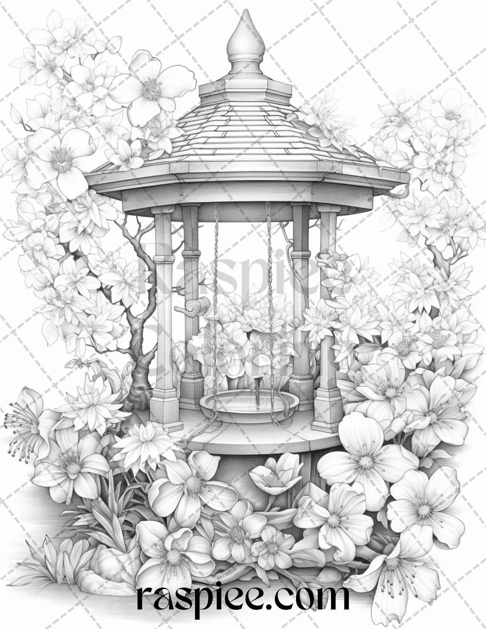 40 Whimsical Wishing Wells Grayscale Coloring Pages Printable for Adults, PDF File Instant Download