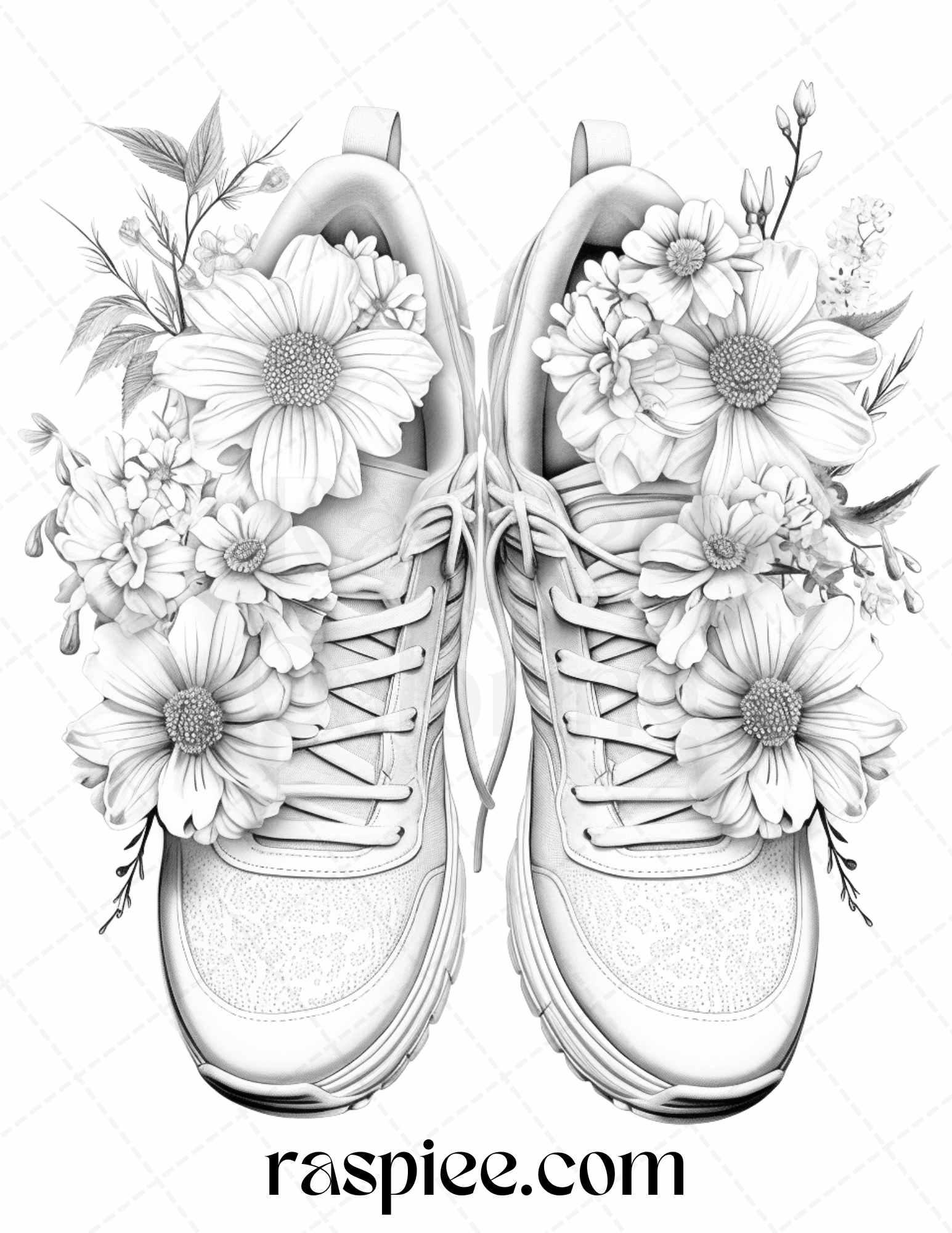 40 Flower Sneakers Grayscale Coloring Pages Printable for Adults, PDF File Instant Download