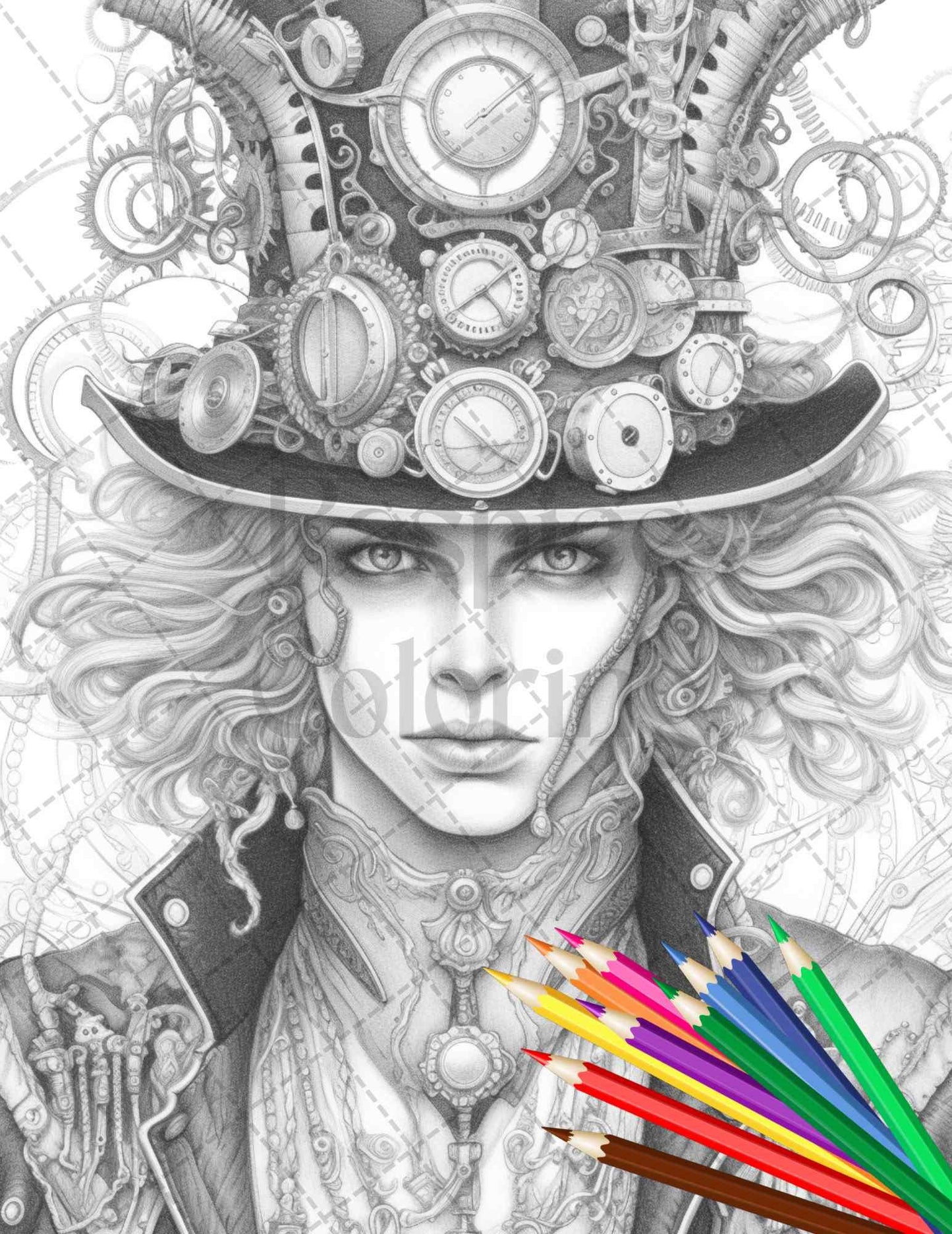 42 Steampunk Mens Grayscale Coloring Pages Printable for Adults, PDF File Instant Download