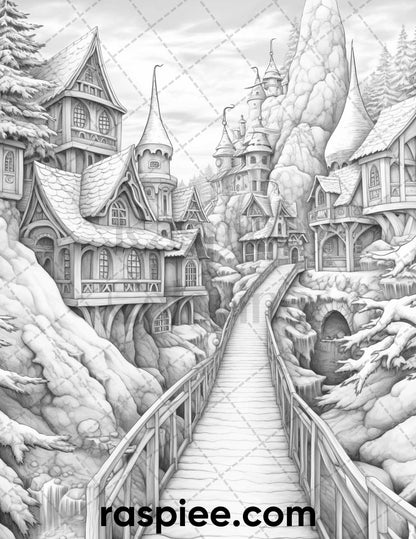 40 Fantasy Winter Village Grayscale Coloring Pages for Adults, PDF File Instant Download