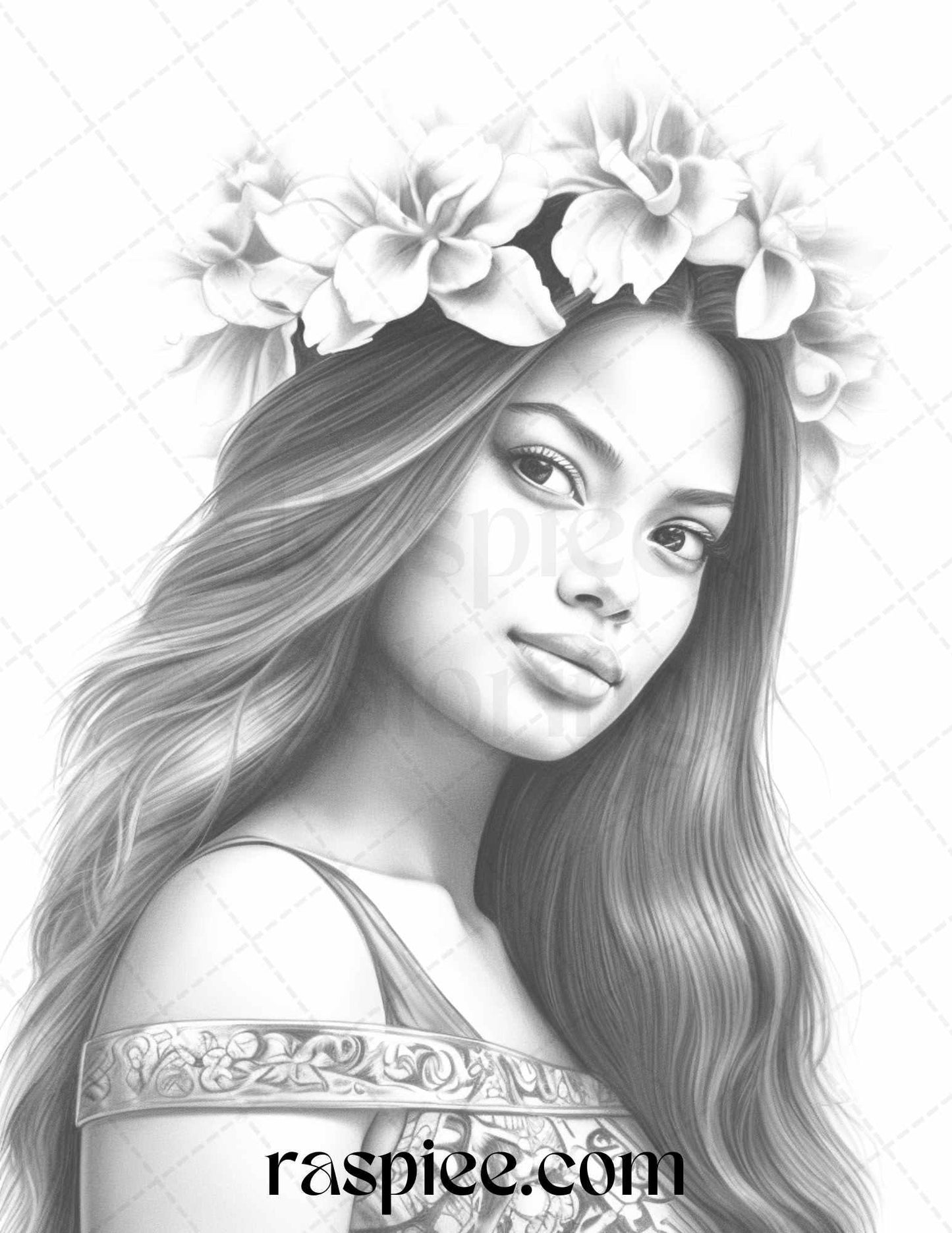 40 Hawaiian Girls Grayscale Coloring Pages Printable for Adults, PDF File Instant Download