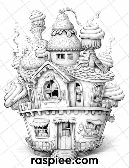 40 Whimsical Cupcake Houses Grayscale Coloring Pages for Adults, Printable PDF Instant Download