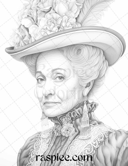 50 Victorian Grandma Grayscale Coloring Pages Printable for Adults, PDF File Instant Download