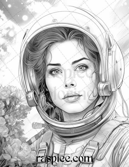 50 Astronaut Girl Portrait Grayscale Coloring Pages Printable for Adults, PDF File Instant Download