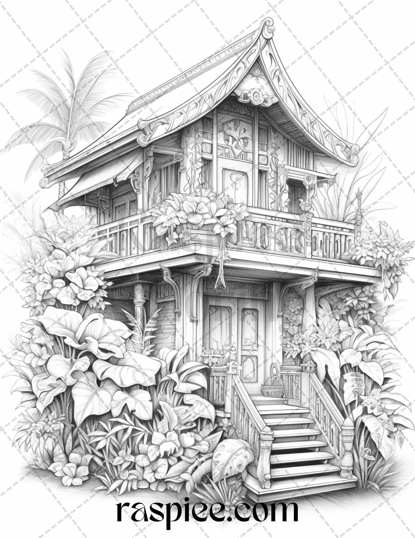 40 Hawaii Tiki Houses Grayscale Coloring Pages Printable for Adults, PDF File Instant Download