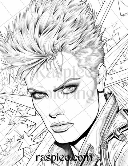 1980s New Wave Pop Star Grayscale Coloring Pages Printable for Adults, PDF File Instant Download