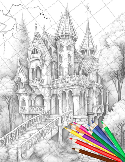 40 Creepy Gothic Houses Grayscale Coloring Pages Printable for Adults, PDF File Instant Download