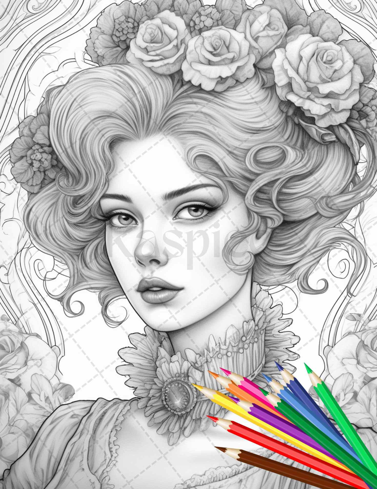 43 Beautiful Victorian Women Grayscale Coloring Pages Printable for Adults, PDF File Instant Download