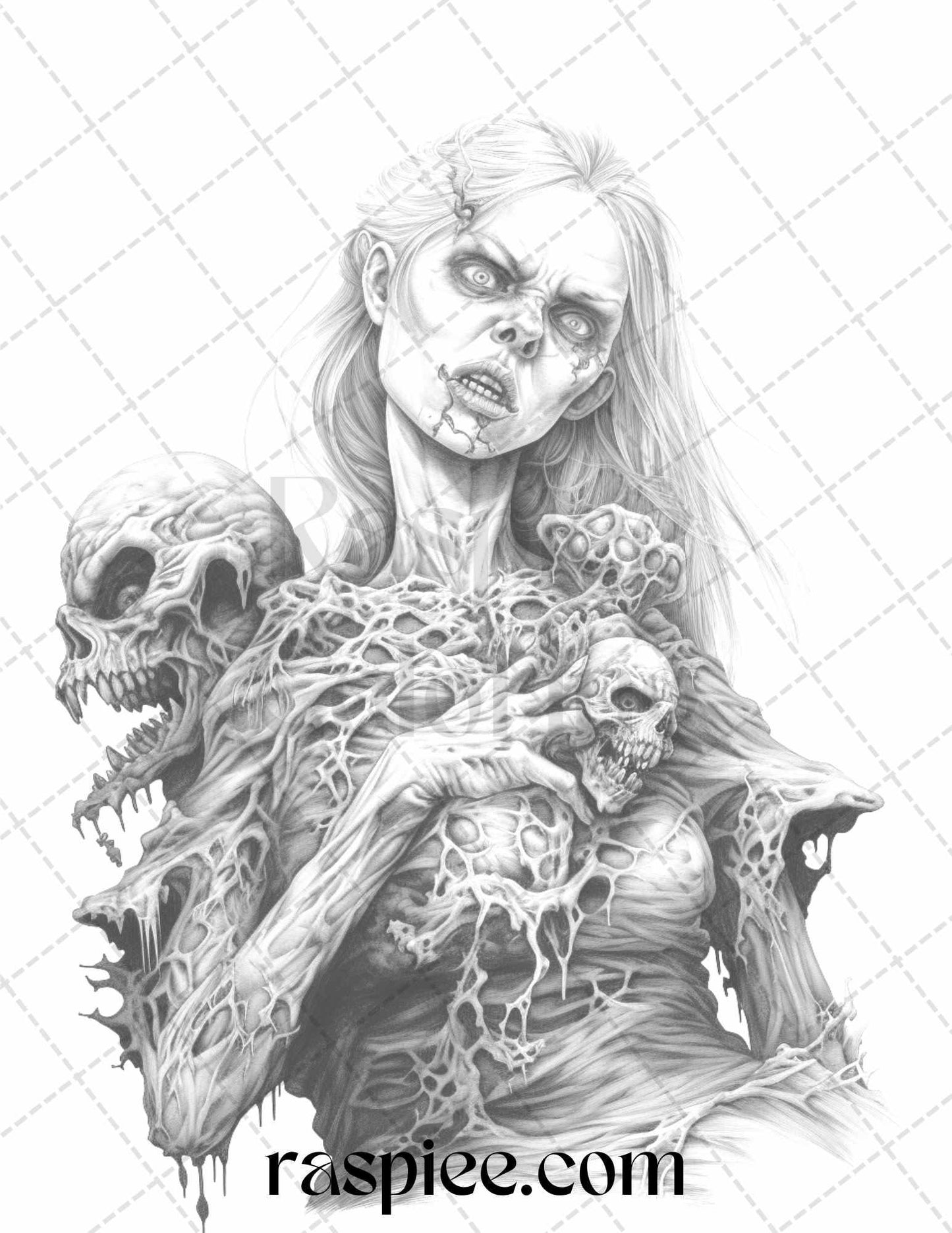 40 Scary Zombie Girls Grayscale Coloring Pages Printable for Adults, PDF File Instant Download