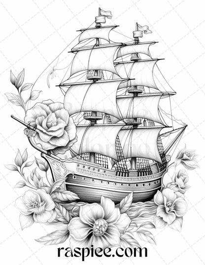 44 Flower Ships Graysale Coloring Pages Printable for Adults, PDF File Instant Download