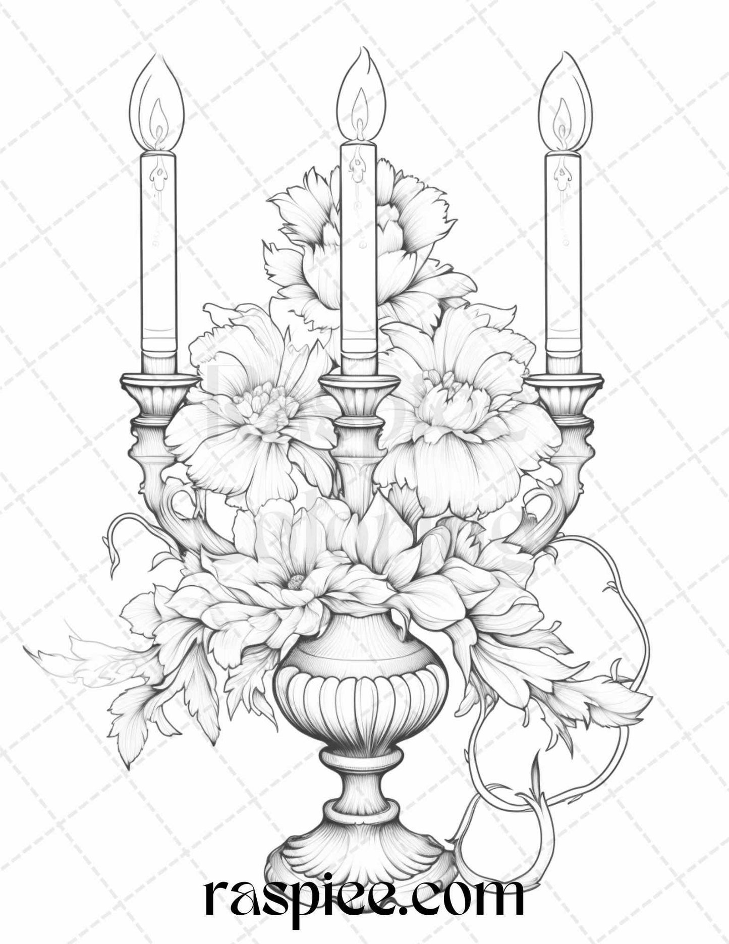 40 Flower Candles Grayscale Coloring Pages Printable for Adults, PDF File Instant Download