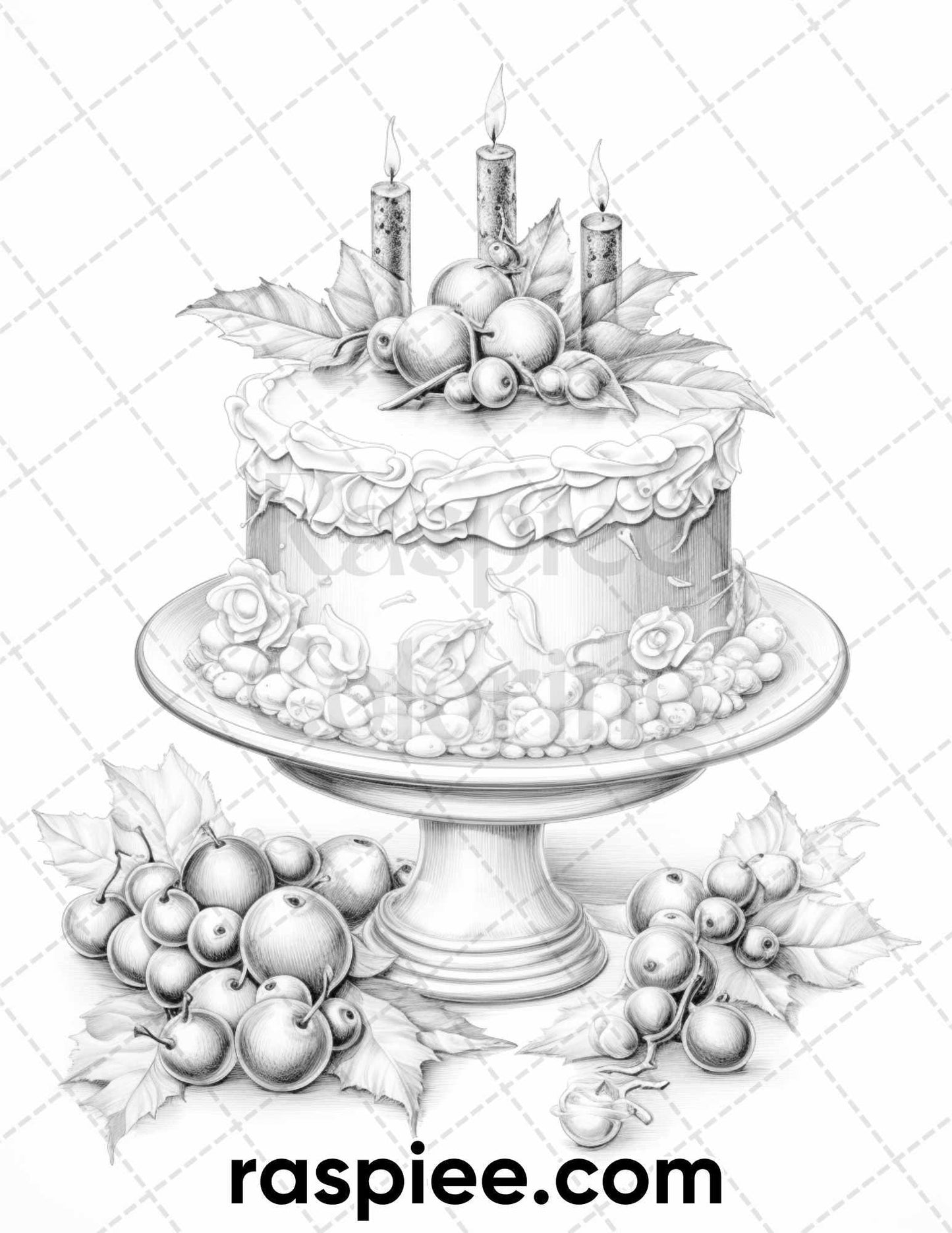 45 Christmas Cakes Grayscale Coloring Pages for Adults, Printable PDF File Instant Download