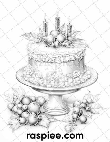 45 Christmas Cakes Grayscale Coloring Pages for Adults, Printable PDF File Instant Download