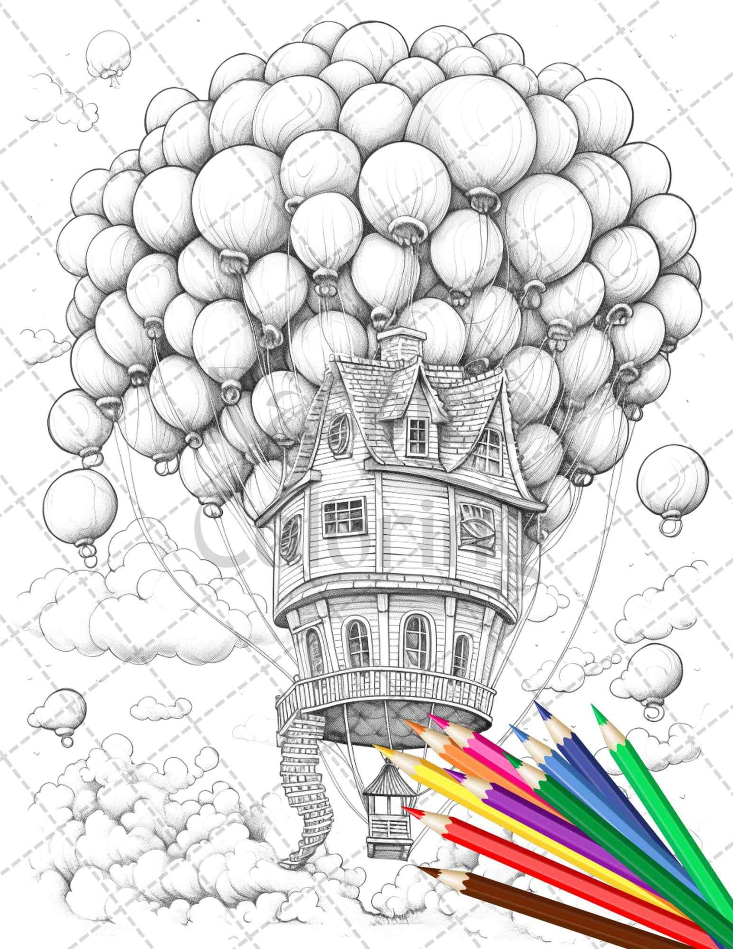 40 Fantasy Sky Houses Grayscale Coloring Pages Printable for Adults, PDF File Instant Download