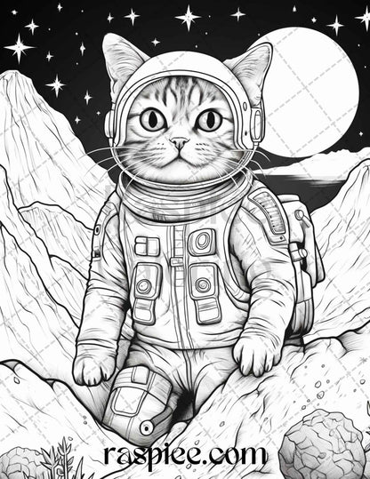 40 Cat Astronaut Grayscale Coloring Pages Printable for Adults Kids, PDF File Instant Download