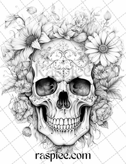 42 Floral Skull Grayscale Coloring Pages for Adults, Stress Relief Coloring Sheets, Printable PDF File Instant Download