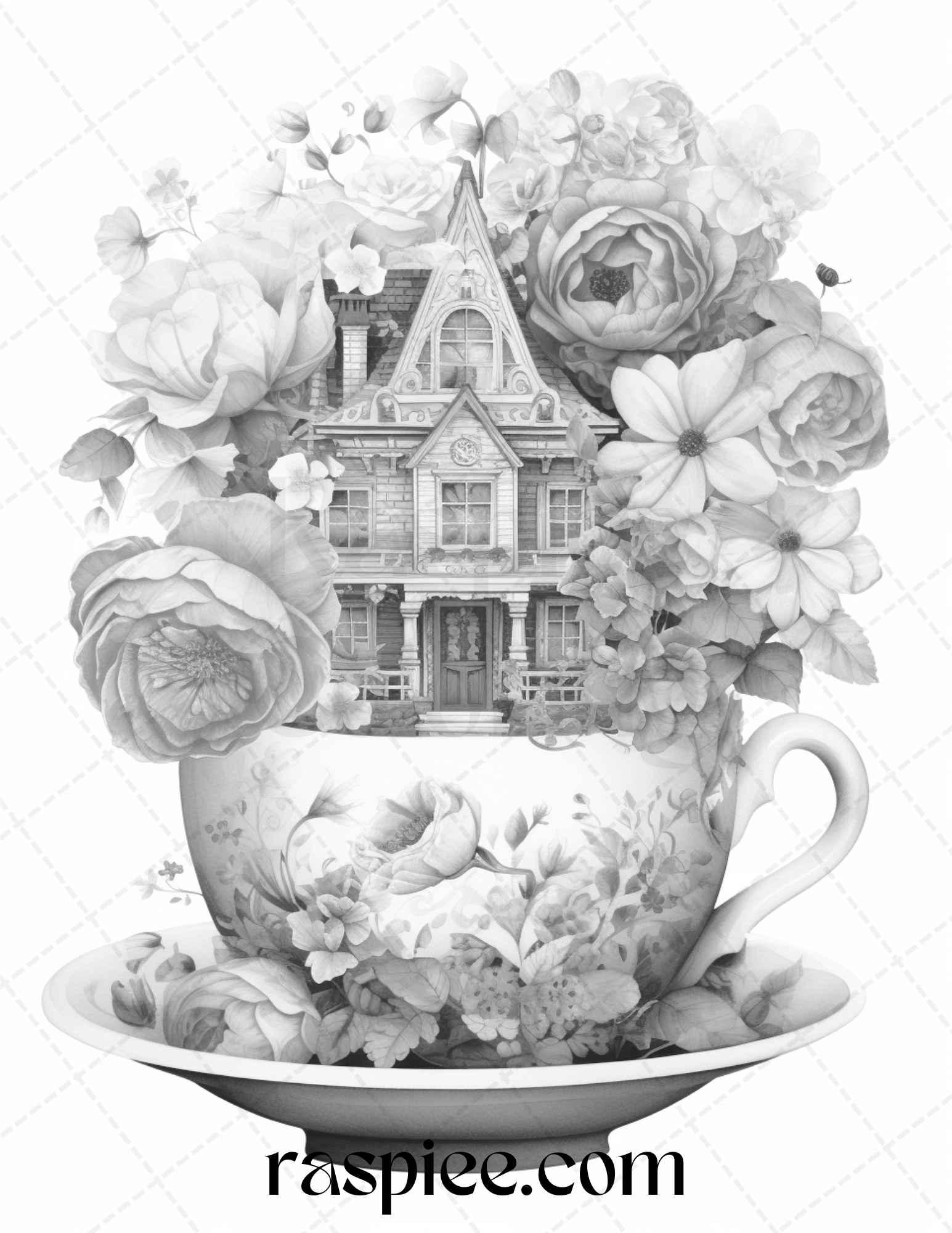 40 Flower Teacup Fairy Houses Grayscale Coloring Pages Printable for Adults, PDF File Instant Download