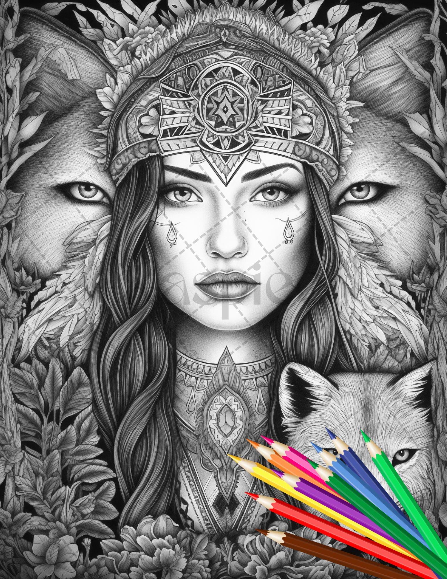 30 Native American Girls Printable Coloring Pages for Adult, Native American Culture Grayscale Coloring Book, Printable PDF File Download