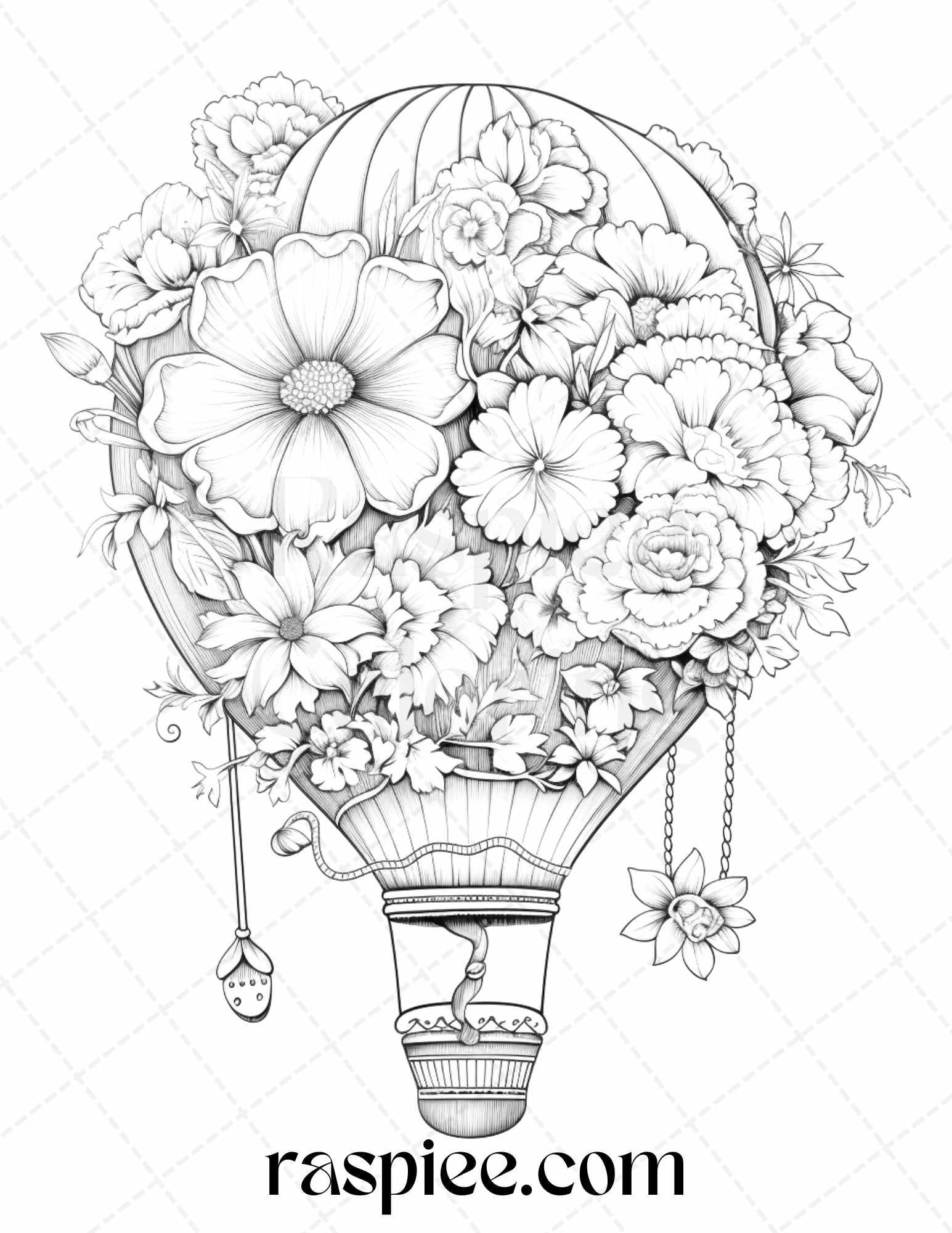 42 Flower Hot Air Balloons Grayscale Coloring Pages Printable for Adults, PDF File Instant Download