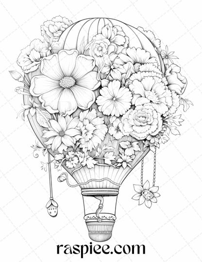 42 Flower Hot Air Balloons Grayscale Coloring Pages Printable for Adults, PDF File Instant Download