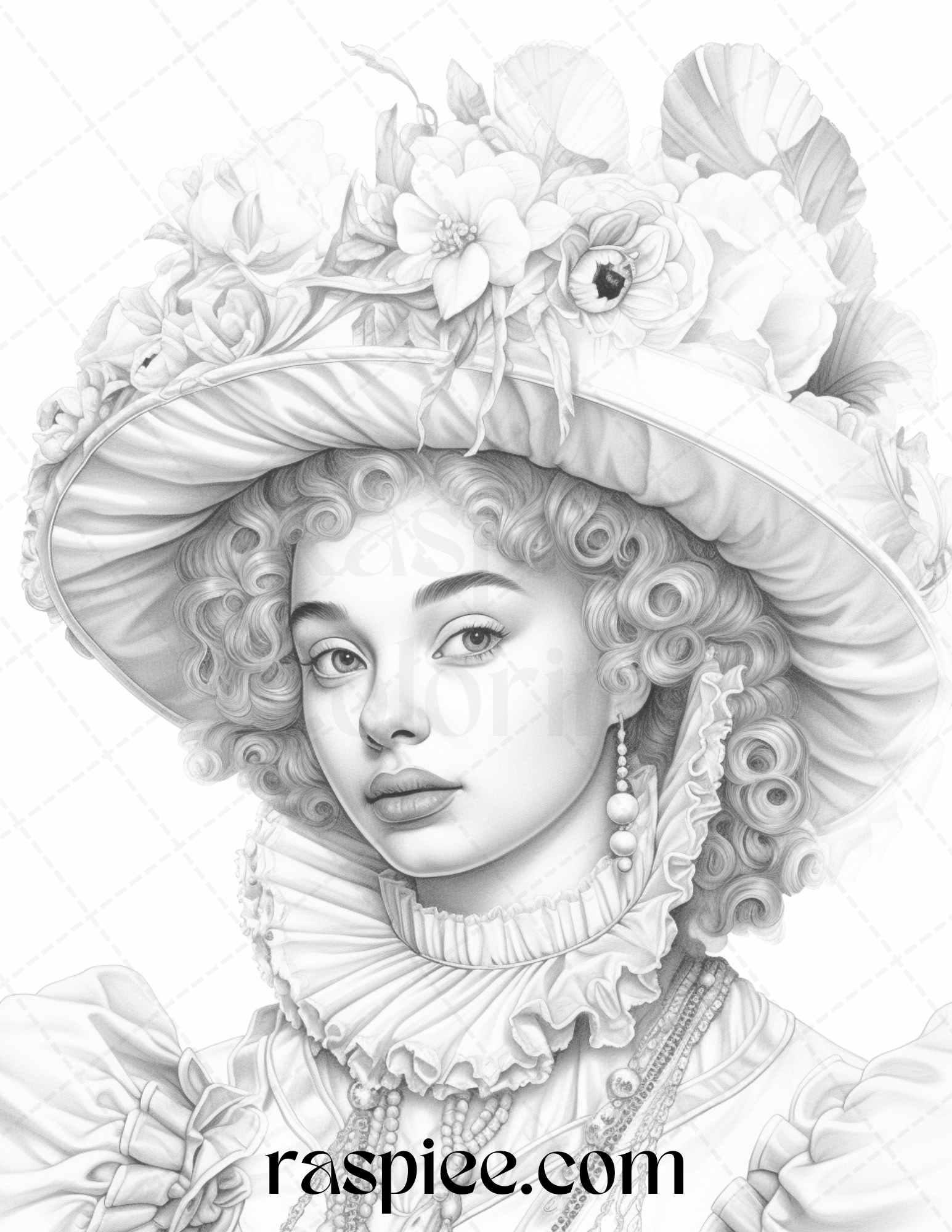 40 Baroque Women Portrait Grayscale Adult Coloring Pages Printable, PDF File Instant Download