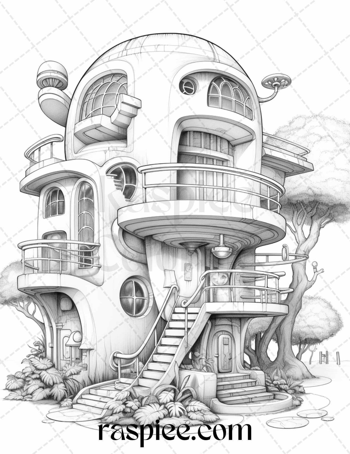 43 Futuristic Houses Grayscale Coloring Pages Printable for Adults, PDF File Instant Download